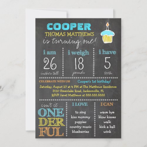 GC Onederful First Birthday Boy Chalkboard Personalized Invitations
