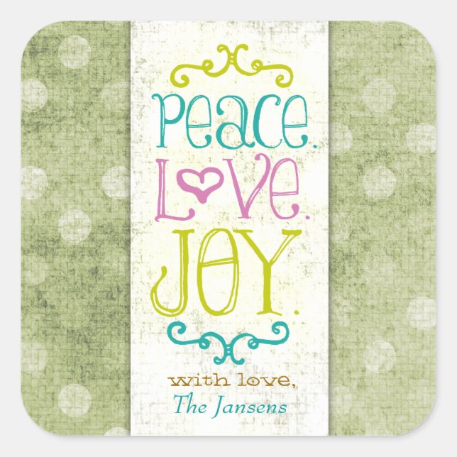 GC Peace Love and Joy Lime Dots Square Sticker (Front)