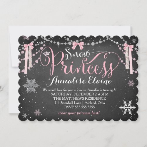 GC Pink Snow Princess with Ribbons Girl Birthday Invitation