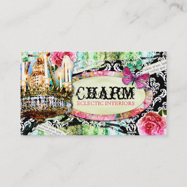 GC  Shabby Vintage Charm Black Damask Business Card (Front)