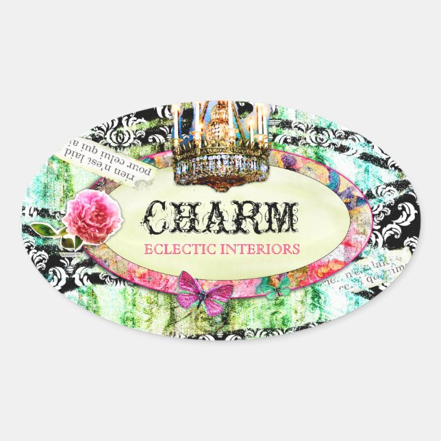 GC | Shabby Vintage Charm - Black Damask Oval Sticker (Front)