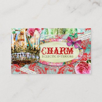 Gc | Shabby Vintage Charm - Red Turquiose Damask Business Card by TheGreekCookie at Zazzle