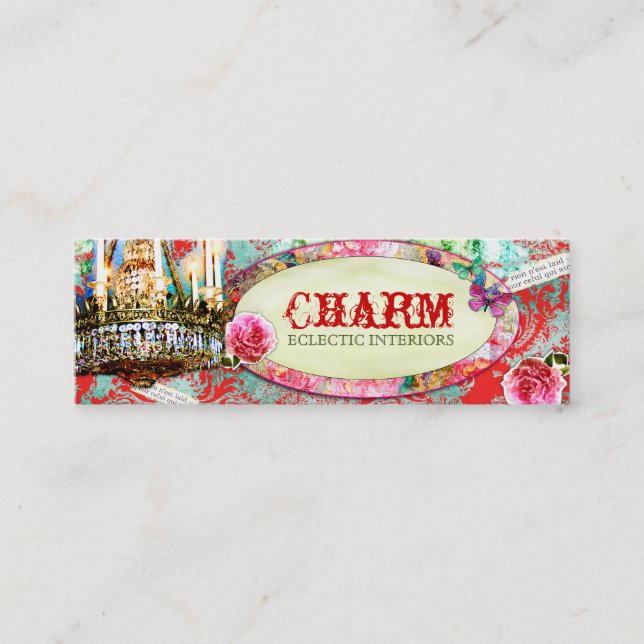 GC Shabby Vintage Charm - Red Turquiose Damask Mini Business Card (Front)