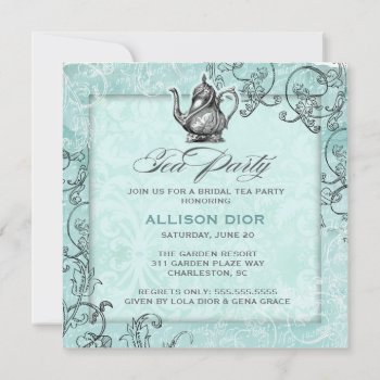 Gc Teal Blue Tea Party Vintage Invitation by TheGreekCookie at Zazzle
