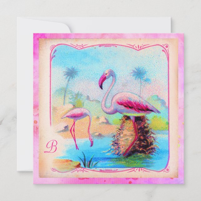 GC Vibrant Vintage Flamingos Pink Gold Metallic Invitation (Front)