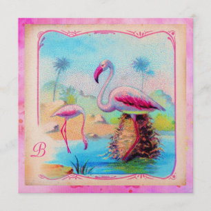 GC Vibrant Vintage Flamingos Pink Gold Metallic Invitation