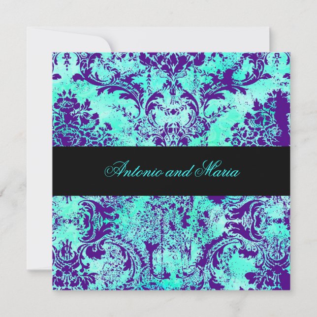 GC |  Vintage Turquoise & Purple Damask Invitation (Front)