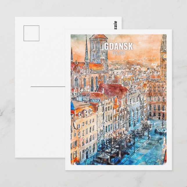 Gdansk Poland Famous Travel Watercolor Sketch Postcard (Front/Back)