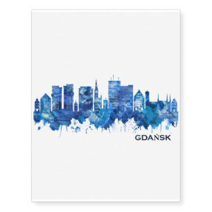 Gdansk Poland Skyline Blue Temporary Tattoos