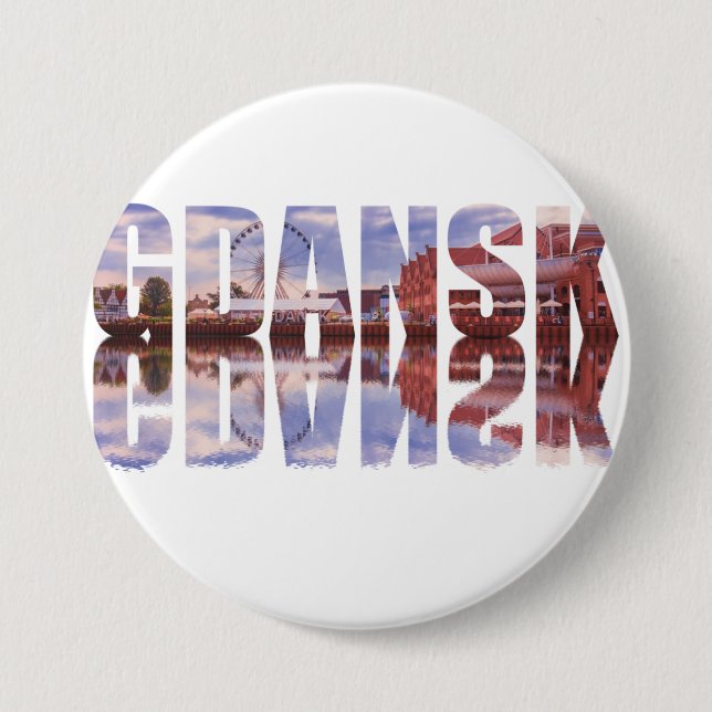 Gdansk text with old town view with reflection button (Front)