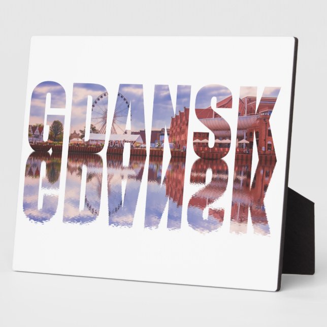 Gdansk text with old town view with reflection plaque (Side)
