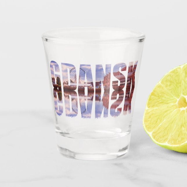 Gdansk text with old town view with reflection shot glass (Front)