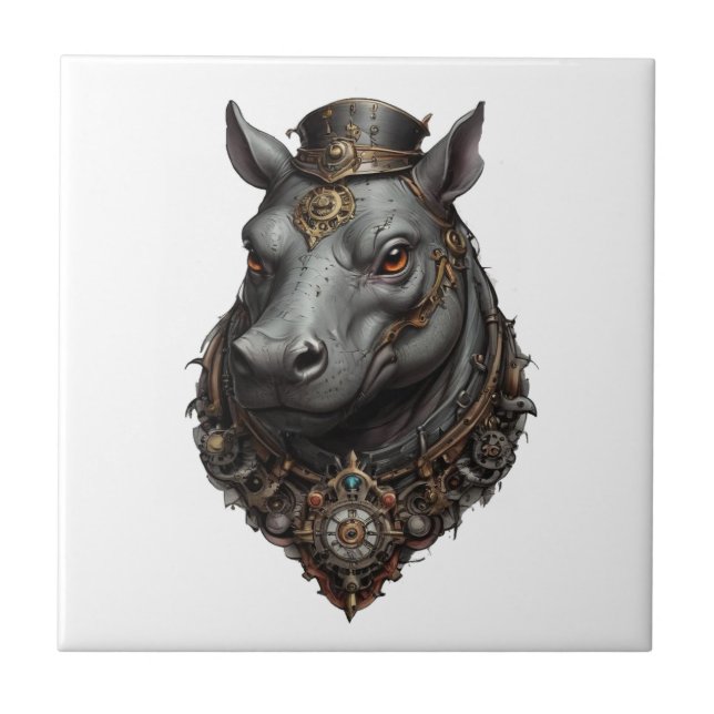 "Gear-Driven Giant: The Steampunk Hippo" Ceramic Tile (Front)