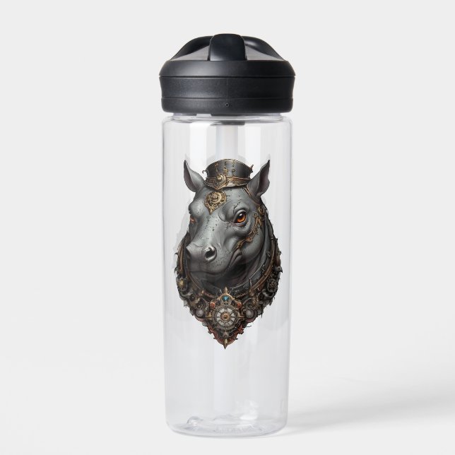 "Gear-Driven Giant: The Steampunk Hippo" Water Bottle (Front)