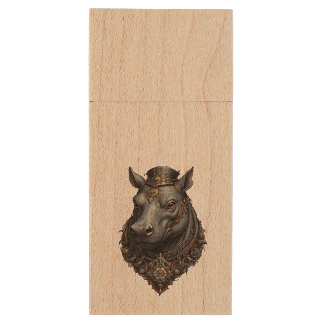 "Gear-Driven Giant: The Steampunk Hippo" Wood Flash Drive (Back (Vertical))
