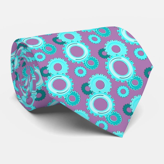 Gear Heads Teal on Lavender Men's Fashion Neck Tie (Rolled)