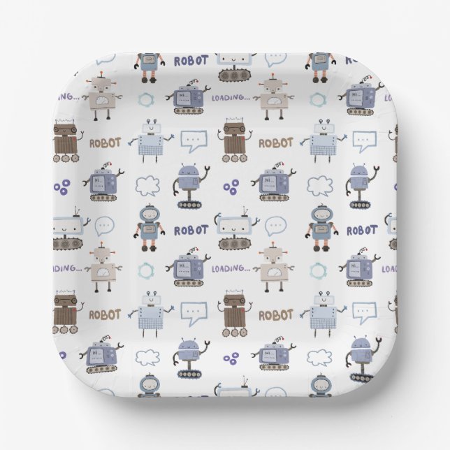 Gear Up for Fun Robot Kids Happy Birthday Paper Plates (Front)