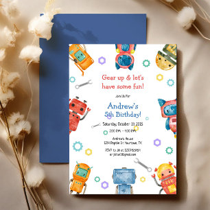 Gear Up & Let's Have Some Fun Kids Robot Birthday  Invitation