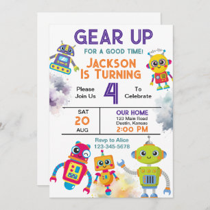 Gear Up Robot Birthday Party Invitation