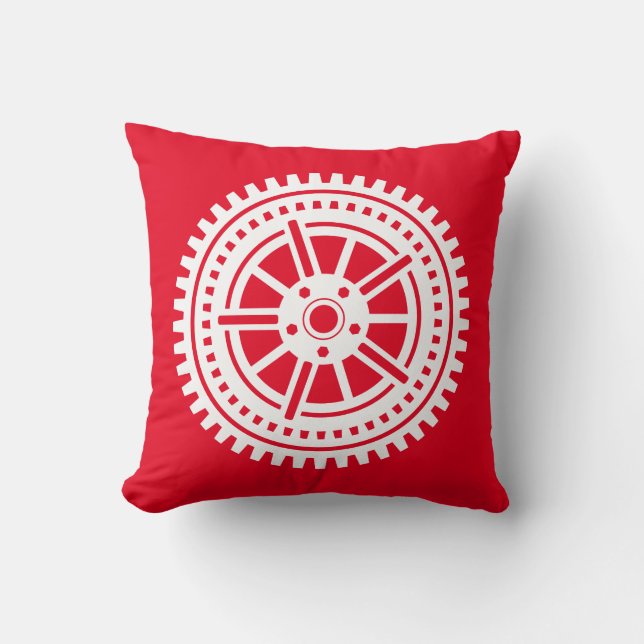 Gear Wheel - Complex 10 Spokes - White on Red Throw Pillow (Front)