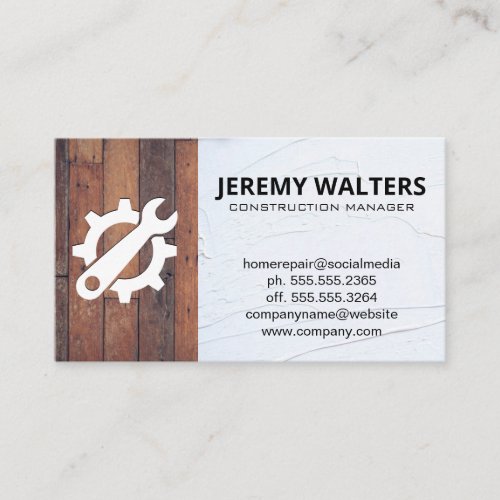 Gear Wrench Logo  Wood Background Business Card