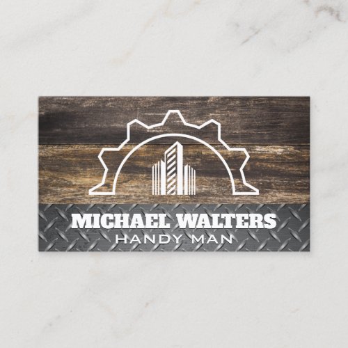 Gears Building  Wooden Boards Steel  Business Card