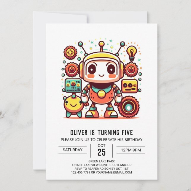 Gears Cute Custom Robot Birthday Invitation (Front)