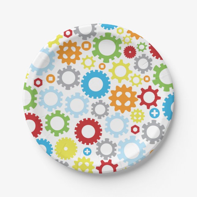 Gears Design Paper Plates | Nuts and Bolts Robot (Front)