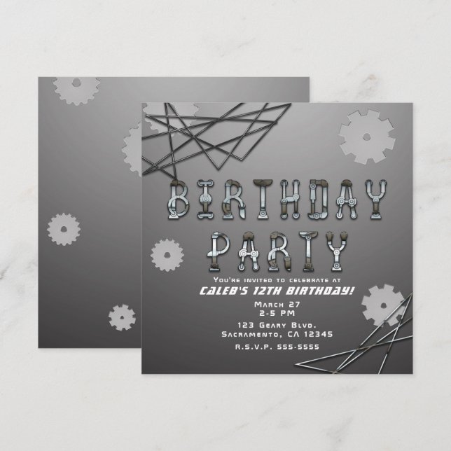 Gears Robot Futuristic Cool Fun Birthday Party Invitation (Front/Back)