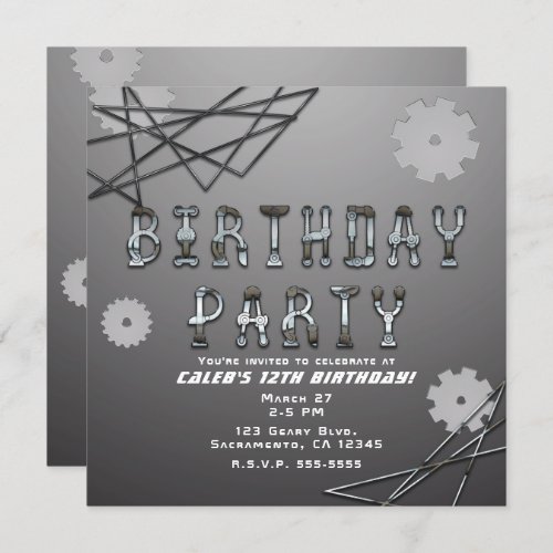 Gears Robot Futuristic Cool Fun Birthday Party Invitation