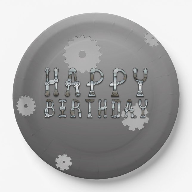 Gears Robot Futuristic Cool Fun Birthday Party Paper Plates (Front)