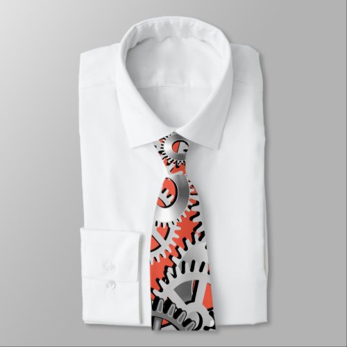 Gears Silver Orange Steampunk Mechanic Engineering Neck Tie