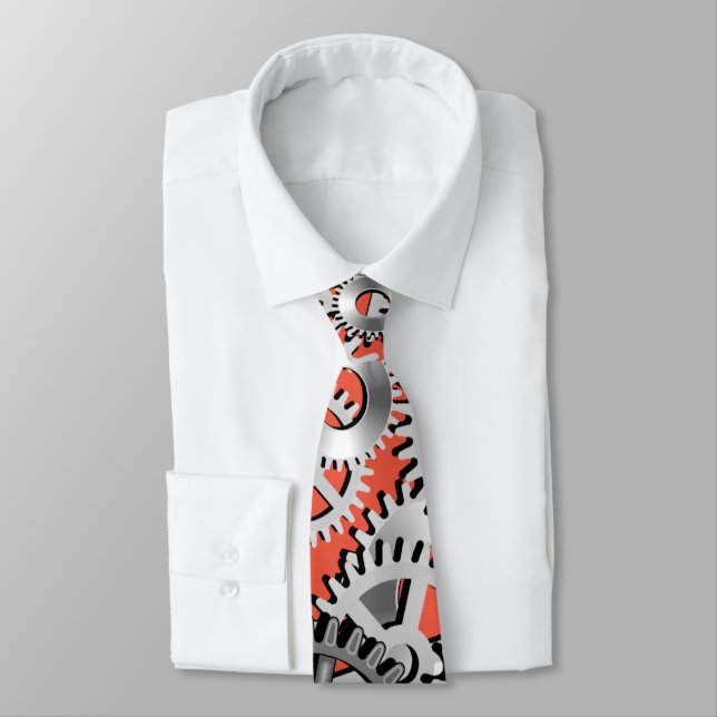 Gears Silver Orange Steampunk Mechanic Engineering Neck Tie (Tied)