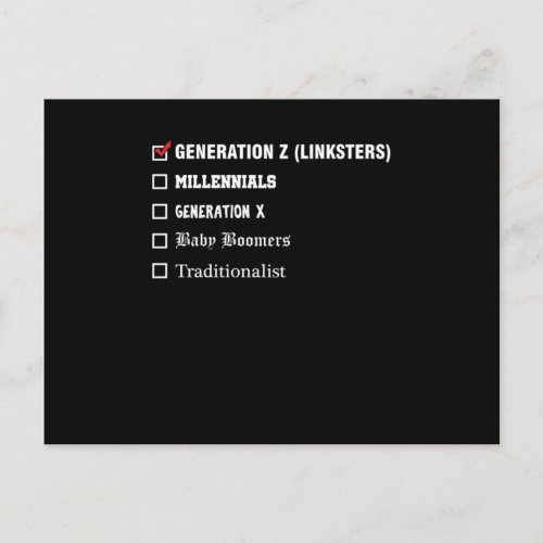 Gebnration Z Millenials Generation X Boomer Gift Postcard
