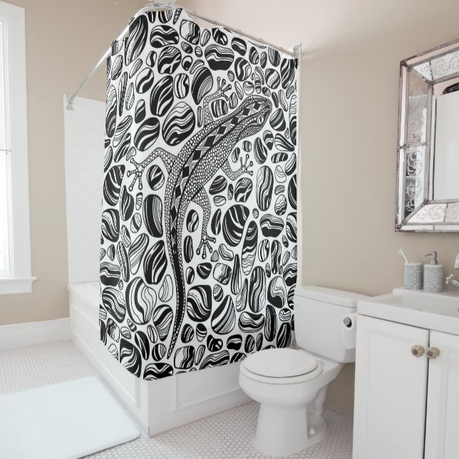 Gecko and pebbles shower curtain (In Situ)