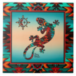 Gecko And Sun Ceramic Tile<br><div class="desc">Brighten Your Home with this Unique "One of a Kind" Gecko and Sun Ceramic Tile! It Features a Southwest Gecko Lizard and Sun on a Turquoise & Orange Sunset Background... ..Surrounded by a Turquoise, Orange & Black Border! This is an Original "One of a Kind" Art Design By Artist Kerry...</div>