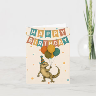 Gecko Birthday Card – Funny Reptile with Balloons
