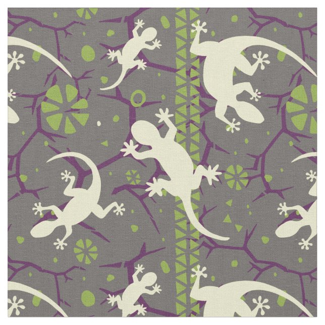 Gecko Lizard Abstract Cactus Ethnic Pattern Fabric (Close Up)