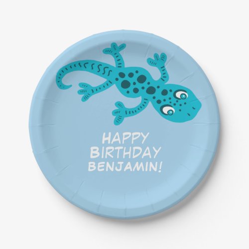 Gecko Lizard Blue Custom Name Kids Birthday Paper Plates - Gecko birthday paper plates for kids. The plates have a cute blue gecko. The background is blue. Personalizable paper plates with a Happy Birthday text and a child`s name. Easily personalize the plate. The text is in white color. Great for a boy or girl birthday party.