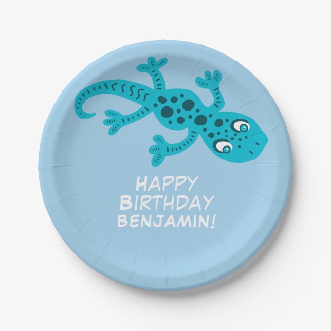 Gecko Lizard Blue Custom Name Kids Birthday Paper Plates (Front)
