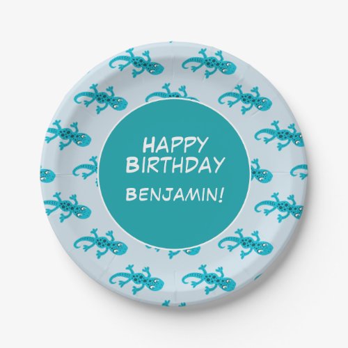 Gecko Lizard Custom Kids Birthday Paper Plates - Birthday paper plates for kids. The plates have cute geckos with spots in a pattern. Personalizable paper plates with a Happy Birthday text and a child`s name. Easily personalize the plates. The text is in white color. Great for a boy or girl birthday party.