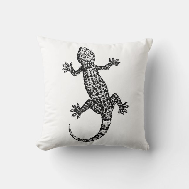 GECKO LIZARD ILLUSTRATION IN BLACK AND WHITE THROW PILLOW (Front)
