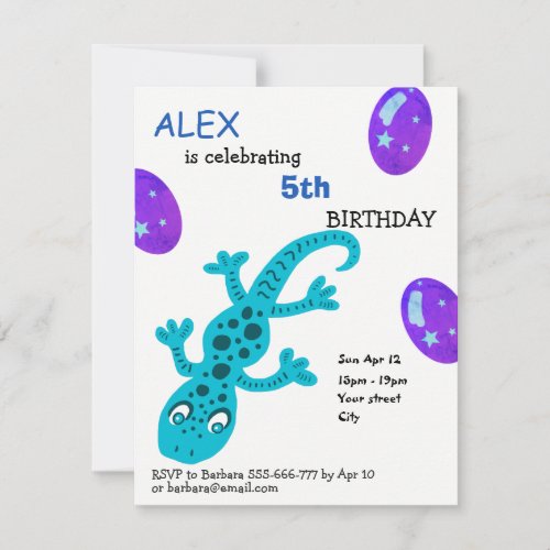 Gecko Lizard Kids Birthday Party Card - An invitation perfect for your kids birthday party celebration! This invitation has a cute blue gecko lizard and ballons for a real party. You can change the background colour and make this as a party invite for girls or boys birthday and their friends.