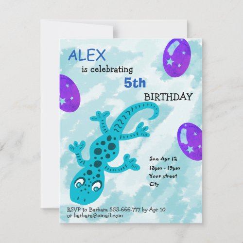 Gecko Lizard Kids Birthday Party Card - An invitation perfect for your kids birthday party celebration! This invitation has a cute blue gecko lizard and ballons for a real party. A blue and white for background makes this great as a party invite for a boys birthday and his friends.