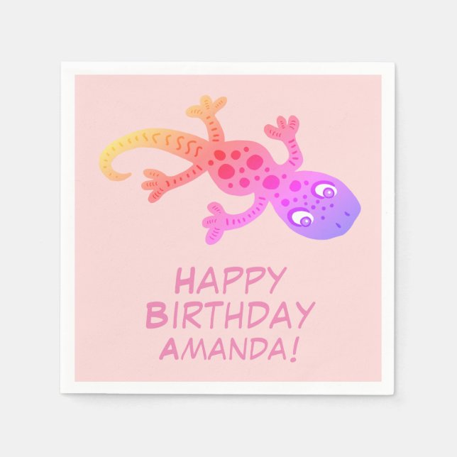 Gecko Lizard Rainbow Custom Name Kids Birthday Napkins (Front)