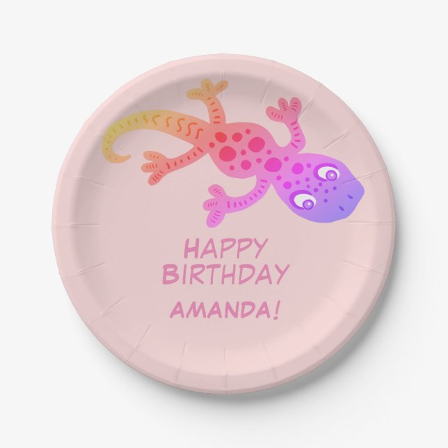 Gecko Lizard Rainbow Custom Name Kids Birthday Paper Plates (Front)