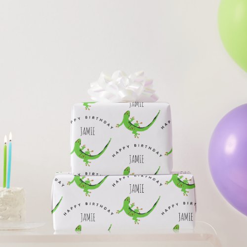 Gecko Lizard Reptile Birthday Custom Name  Wrapping Paper