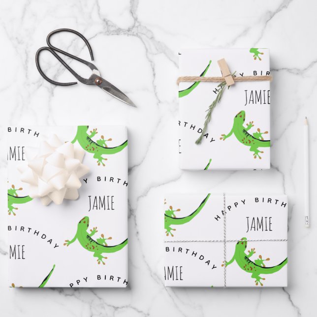 Gecko Lizard Reptile Birthday Custom Name Wrapping Paper Sheets (Front)
