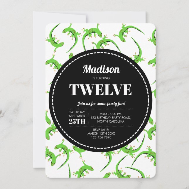Gecko Lizard Reptile Pattern Birthday Invitation  (Front)