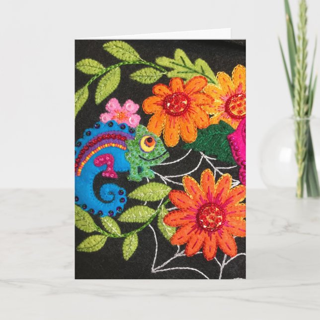 Gecko Lizard Stitched Felt Birthday Card (Front)